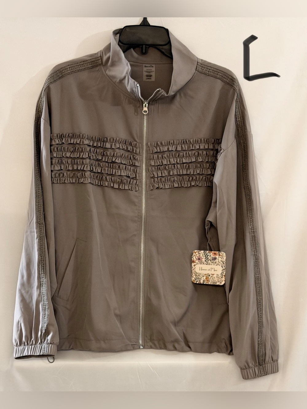 House of M Whole Zip Ruffle-Trim Jacket in Taupe